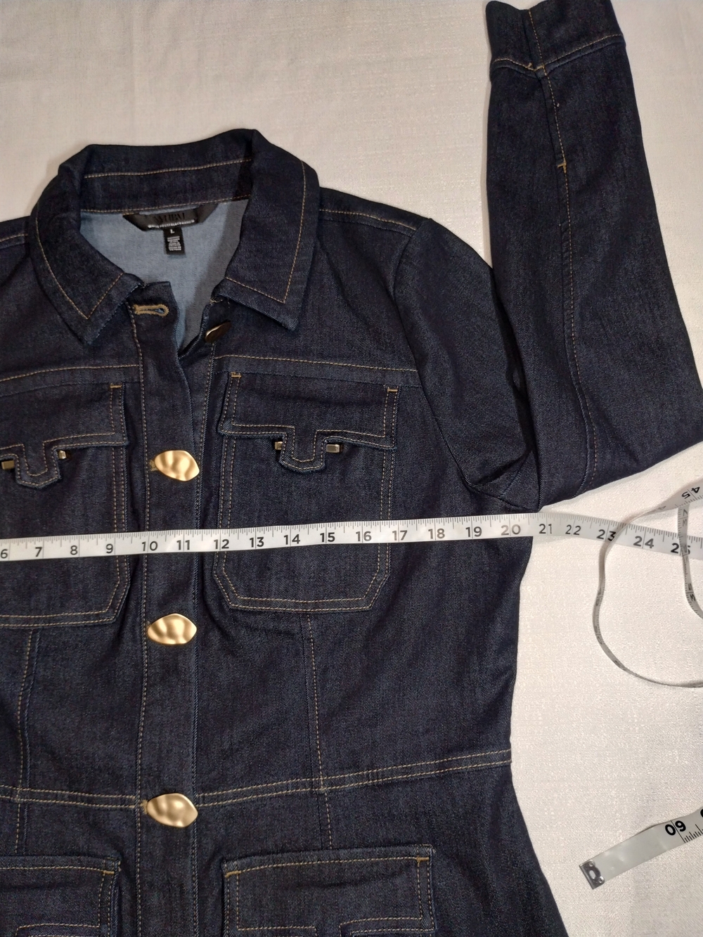 White House Black Market Navy Blue Denim Jacket with Gold Accents - Picture 5 of 12